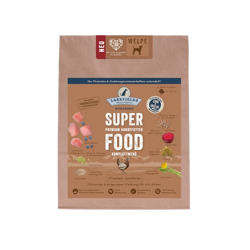 LAKEFIELDS MANUFAKTUR - SUPER Food - Premium Welpenfutter trocken, Huhn 61%, getreidefreies Trockenfutter für Welpen, Hundefutter trocken mit Hühnerfleisch, Heidelbeeren & Roter Beete, 1 x 1kg von Lakefields