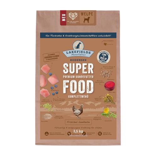 LAKEFIELDS MANUFAKTUR - SUPER Food - Premium Welpenfutter trocken, Huhn 61%, getreidefreies Trockenfutter für Welpen, Hundefutter trocken mit Hühnerfleisch, Heidelbeeren & Roter Beete, 1 x 2,5kg von Lakefields