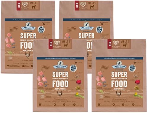 LAKEFIELDS MANUFAKTUR - SUPER Food - Premium Welpenfutter trocken, Huhn 61%, getreidefreies Trockenfutter für Welpen, Hundefutter trocken mit Hühnerfleisch, Heidelbeeren & Roter Beete, 4 x 1kg von Lakefields