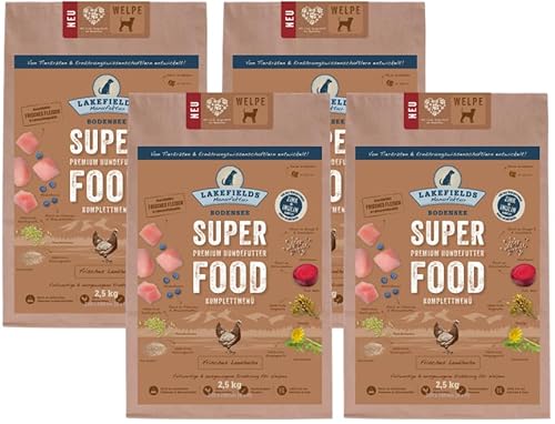 LAKEFIELDS MANUFAKTUR - SUPER Food - Premium Welpenfutter trocken, Huhn 61%, getreidefreies Trockenfutter für Welpen, Hundefutter trocken mit Hühnerfleisch, Heidelbeeren & Roter Beete, 4 x 2,5kg von Lakefields