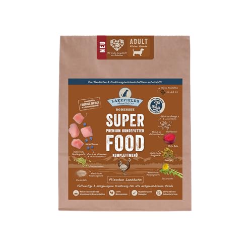 LAKEFIELDS MANUFAKTUR - SUPER Food - Premium Hundefutter trocken, Huhn 61%, getreidefreies Trockenfutter für kleine ausgewachsene Hunde, Alleinfutter mit Hühnerfleisch, Äpfeln & Roter Beete, 1 x 1kg von Lakefields