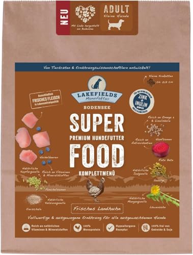 LAKEFIELDS MANUFAKTUR - SUPER Food - Premium Hundefutter trocken, Huhn 61%, getreidefreies Trockenfutter für kleine ausgewachsene Hunde, Alleinfutter mit Hühnerfleisch, Äpfeln & Roter Beete, 4 x 1kg von Lakefields