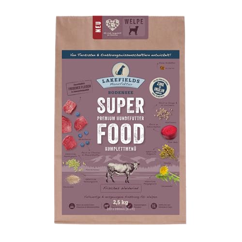 LAKEFIELDS MANUFAKTUR - SUPER Food - Premium Welpenfutter trocken, Weiderind 60%, getreidefreies Hundefutter für Welpen, Alleinfutter mit Rindfleisch, Heidelbeeren & Roter Beete, 1 x 2,5kg von Lakefields