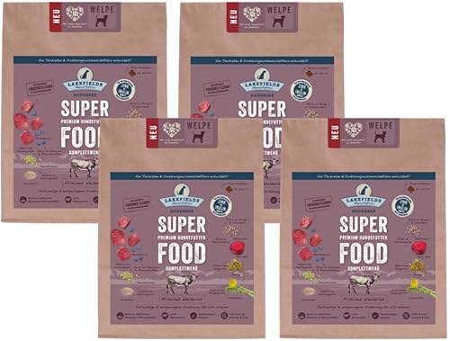 LAKEFIELDS MANUFAKTUR - SUPER Food - Premium Welpenfutter trocken, Weiderind 60%, getreidefreies Hundefutter für Welpen, Alleinfutter mit Rindfleisch, Heidelbeeren & Roter Beete, 4 x 1kg von Lakefields