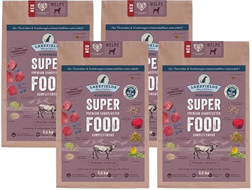 LAKEFIELDS MANUFAKTUR - SUPER Food - Premium Welpenfutter trocken, Weiderind 60%, getreidefreies Hundefutter für Welpen, Alleinfutter mit Rindfleisch, Heidelbeeren & Roter Beete, 4 x 2,5kg von Lakefields