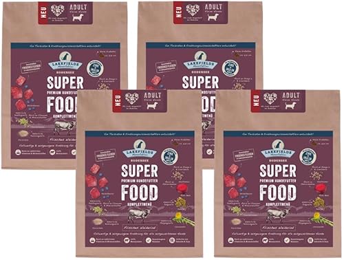 LAKEFIELDS MANUFAKTUR - SUPER Food - Premium Hundefutter trocken, Weiderind 60%, getreidefreies Trockenfutter für kleine ausgewachsene Hunde, Alleinfutter mit Rindfleisch & Roter Beete, 4 x 1kg von Lakefields