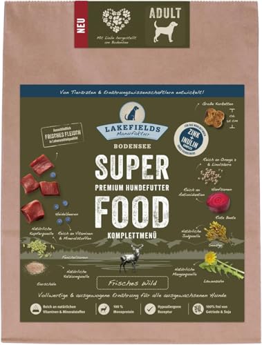 LAKEFIELDS MANUFAKTUR - SUPERFOOD - Premium Hundefutter trocken, Wild 61%, getreidefreies Trockenfutter für ausgewachsene Hunde, Alleinfutter mit Wildfleisch, Hanfsamen & Roter Beete, Größe:2 x 2.5 Kg von Lakefields