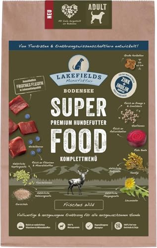 LAKEFIELDS MANUFAKTUR - SUPERFOOD - Premium Hundefutter trocken, Wild 61%, getreidefreies Trockenfutter für ausgewachsene Hunde, Alleinfutter mit Wildfleisch, Hanfsamen & Roter Beete, Größe:3 x 1 Kg von Lakefields