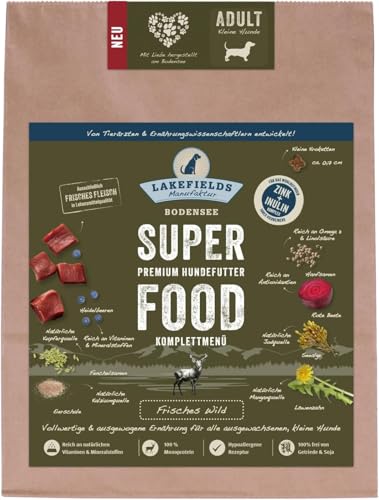 LAKEFIELDS MANUFAKTUR - SUPERFOOD - Premium Hundefutter trocken, Wild 61%, getreidefreies Trockenfutter für kleine ausgewachsene Hunde, Alleinfutter mit Wildfleisch, Größe:3 x 1 Kg von Lakefields