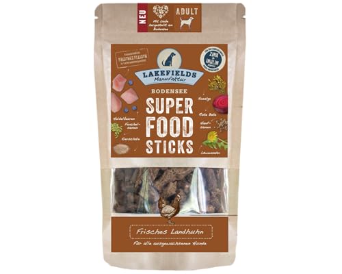 LAKEFIELDS MANUFAKTUR - SUPERFOOD - Premium Hunde Sticks vom Landhuhn, nährstoffreiche Hunde leckerlis, gesund & getreidefrei, Hunde Snacks mit Hühnerfleisch 61%, Hanfsamen & Heidelbeeren, 1 x 130 g von Lakefields