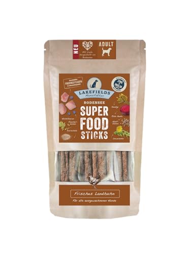 LAKEFIELDS MANUFAKTUR - SUPERFOOD - Premium Hunde Sticks vom Landhuhn, nährstoffreiche Hunde leckerlis, gesund & getreidefrei, Hunde Snacks mit Hühnerfleisch 61%, Hanfsamen & Heidelbeeren, 1 x 130 g von Lakefields