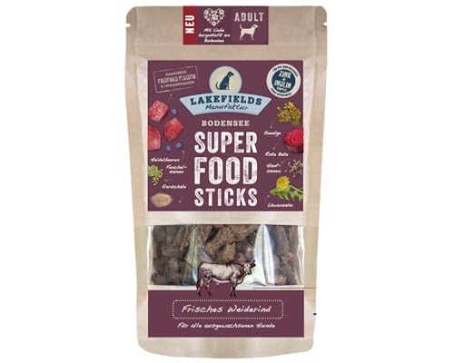 LAKEFIELDS MANUFAKTUR - SUPERFOOD - Premium Hunde Sticks vom Rind 61%, nährstoffreiche Hunde leckerlis, gesund & getreidefrei, Hunde Snacks mit Rindfleisch & Heidelbeeren, 1 x 130g von Lakefields