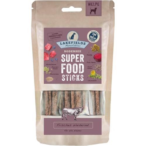 LAKEFIELDS - SUPERFOOD - Premium Hunde Sticks vom Rind für Welpen, nährstoffreiche Hunde leckerlis, gesund & getreidefrei, Hunde Snacks mit Rindfleisch 60%, 1 x 130g, Größe:4 x 130 g von Lakefields