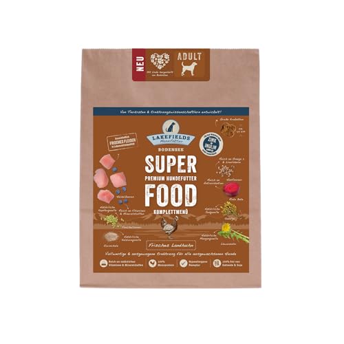 LAKEFIELDS MANUFAKTUR - SUPER Food - Premium Hundefutter trocken, Huhn 61%, getreidefreies Trockenfutter Senior, Alleinfutter mit Hühnerfleisch, Heidelbeeren & Roter Beete, ausgebacken, 1 x 1kg von Lakefields