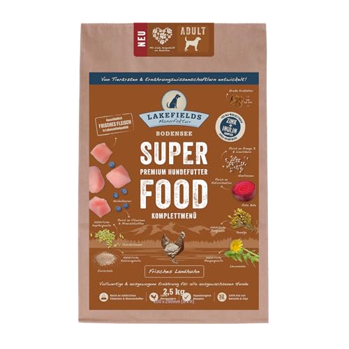 LAKEFIELDS MANUFAKTUR - SUPER Food - Premium Hundefutter trocken, Huhn 61%, getreidefreies Trockenfutter Senior, Alleinfutter mit Hühnerfleisch, Heidelbeeren & Roter Beete, ausgebacken, 1 x 2,5kg von Lakefields