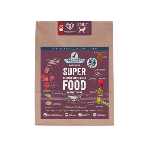 LAKEFIELDS MANUFAKTUR - SUPER Food - Premium Hundefutter trocken, Weiderind 60%, getreidefreies Trockenfutter für ausgewachsene Hunde, Alleinfutter mit Rindfleisch & Roter Beete, 1 x 1kg von Lakefields