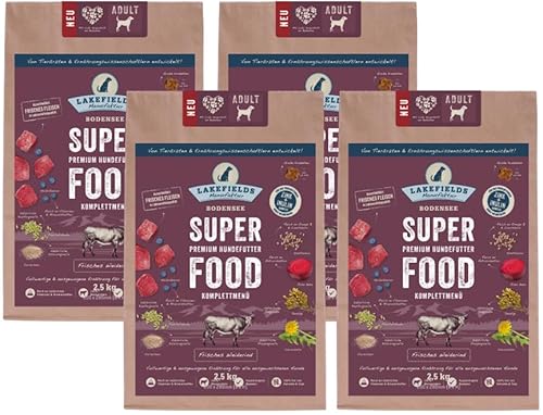 LAKEFIELDS MANUFAKTUR - SUPER Food - Premium Hundefutter trocken, Weiderind 60%, getreidefreies Trockenfutter für ausgewachsene Hunde, Alleinfutter mit Rindfleisch & Roter Beete, 4 x 2,5kg von Lakefields