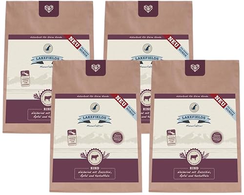 LAKEFIELDS MANUFAKTUR - Premium Hundefutter trocken, Rind 68%, getreidefreies Trockenfutter für kleine ausgewachsene Hunde, Alleinfutter mit Rindfleisch & Kartoffeln, schonend ausgebacken, 4 x 1kg von Lakefields