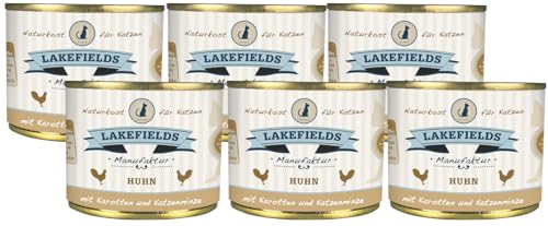 LAKEFIELDS MANUFAKTUR - Premium Katzenfutter nass, Huhn 69%, Katzenfutter ohne Getreide und Zucker, Alleinfutter Menü mit Fenchel & Karotte, 6 x 200g von Lakefields