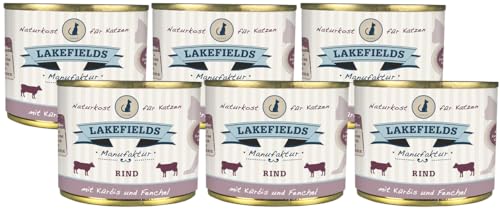 LAKEFIELDS MANUFAKTUR - Premium Katzenfutter nass, Rind 91%, Katzenfutter ohne Getreide und Zucker, Alleinfutter Menü mit Fenchel & Kürbis, 6 x 200g von Lakefields