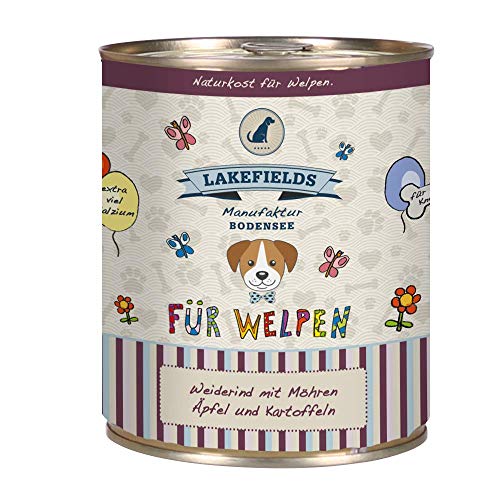 LAKEFIELDS MANUFAKTUR - Premium Welpenfutter Nass - Rind 61%, getreidefreies Hundefutter für Welpen, Dosenfleisch-Menü mit Rindfleisch, Äpfeln, Zucchini & Karotten, schonend gegart, 1 x 800g von Lakefields