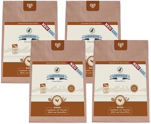 LAKEFIELDS MANUFAKTUR - Premium Hundefutter trocken, Huhn 68%, getreidefreies Trockenfutter für kleine ausgewachsene Hunde, Alleinfutter mit Hühnerfleisch & Kartoffeln, schonend ausgebacken, 4 x 1kg von Lakefields