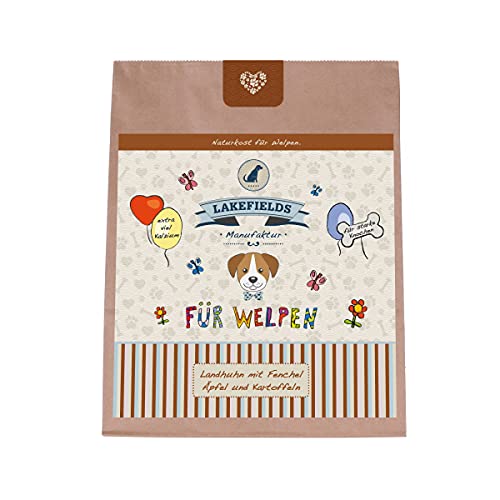 LAKEFIELDS MANUFAKTUR - Premium Hundefutter trocken, Huhn 70%, getreidefreies Trockenfutter für Welpen, Alleinfutter mit Hühnerfleisch, Fenchel, Karotten & Kartoffeln, schonend ausgebacken, 4 x 2,5kg von Lakefields