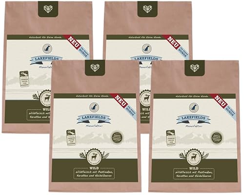 LAKEFIELDS MANUFAKTUR - Premium Hundefutter trocken, Wild 68%, getreidefreies Trockenfutter für kleine ausgewachsene Hunde, Alleinfutter mit Hirsch & Rehfleisch, schonend ausgebacken, 4 x 1kg von Lakefields