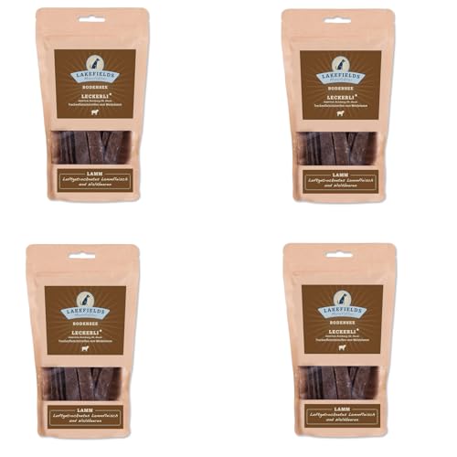 Lakefields Trockenfleischstreifen vom Weidelamm | 4er Pack | 4 x 150 g | Snack für Hunde | Frei von Getreide und künstlichen Aromastoffen | 90% Lammfleisch | Luftgetrocknet von Lakefields