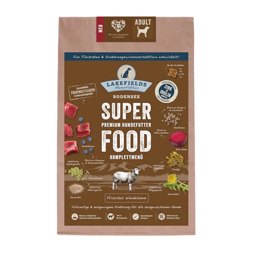 LAKEFIELDS MANUFAKTUR - SUPER Food - Premium Hundefutter trocken, Lamm 61%, getreidefreies Trockenfutter für ausgewachsene Hunde, Alleinfutter mit Lammfleisch, Spinat & Hanfsamen, 1 x 2,5kg von Lakefields