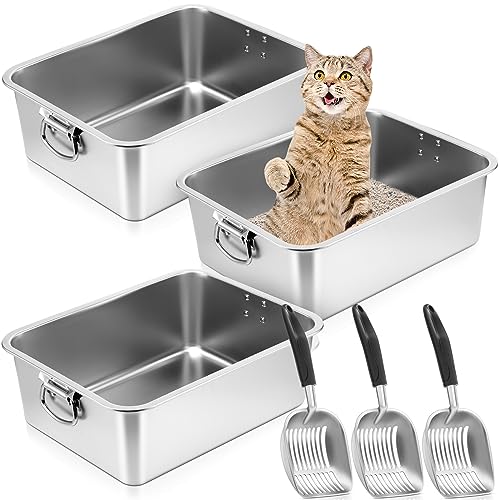 Lallisa 3er-Set Edelstahl-Katzentoilette mit Griff und Katzenstreuschaufel, Metall-Katzentoilette mit 15 cm hohen Seiten, offene Katzentoilette für Kätzchen, einfache Reinigung, antihaftbeschichtet, von Lallisa