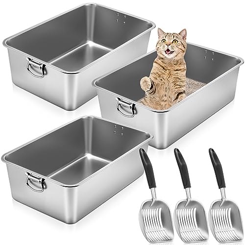 Lallisa 3er-Set Edelstahl-Katzentoilette mit Griff und Katzenstreuschaufel, große Metall-Klo mit 20 cm hohen Seiten, offene Katzentoilette für große Katzen, einfache Reinigung, antihaftbeschichtet, von Lallisa