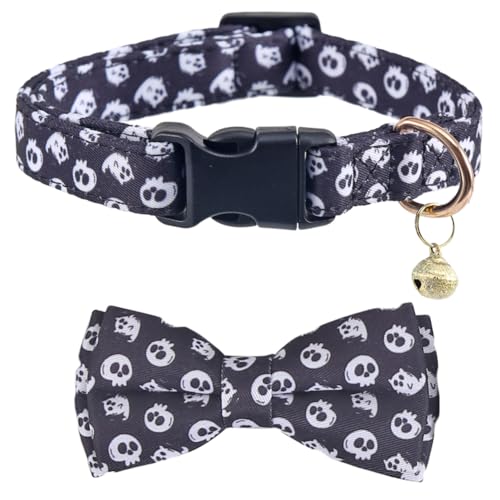 Halloween-Hundehalsband mit abnehmbarer niedlicher Fliege, verstellbares Haustierhalsband, Totenkopf-Muster, Größe L von Lamphyface