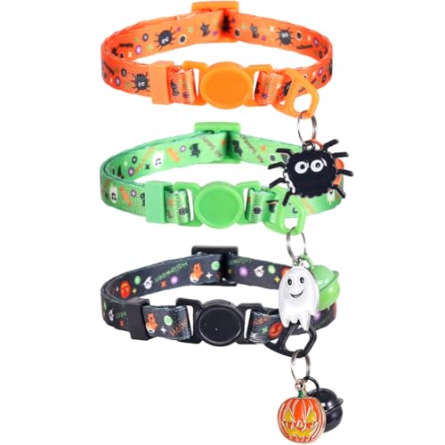 Halloween-Katzenhalsband mit Glöckchen, verstellbar, für Kätzchen, verstellbare Sicherheit, 3 Stück von Lamphyface