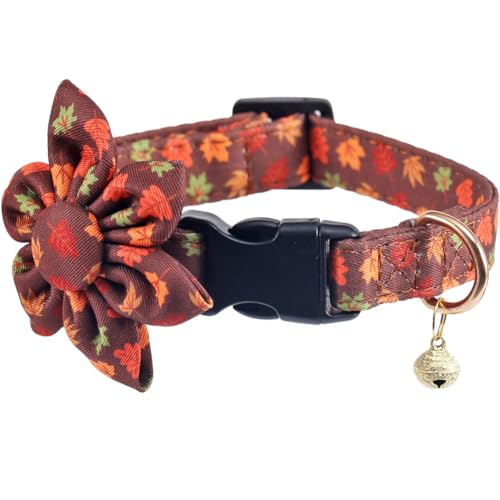 Hundehalsband mit Sonnenblume und Glocke, für Herbst und Urlaub, verstellbar, für Hunde, Ahornblatt, Größe L von Lamphyface