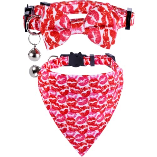 Valentinstag-Katzenhalsband mit Fliege, Bandana und Glocke, Urlaub für Kätzchen, verstellbar, Sicherheit, Liebesherz von Lamphyface