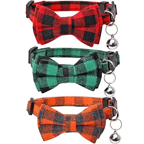 Weihnachtliches Katzenhalsband Halloween Erntedankfest Herbst Breakaway mit niedlicher Fliege und Glocke für Katzen, verstellbare Sicherheit Plaid von Lamphyface