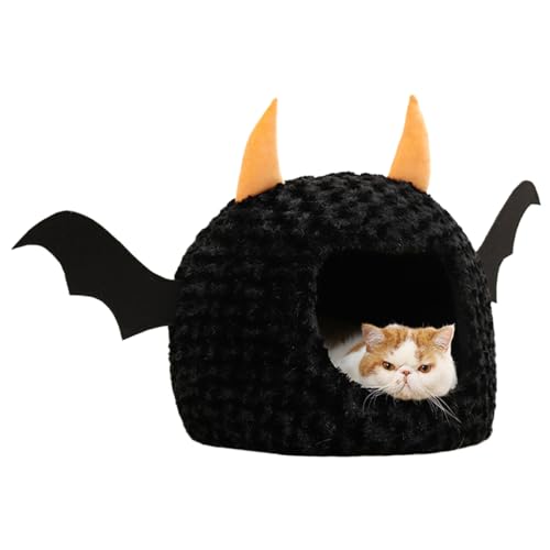 Lamppdcor Gothic Katzenbett Halloween Katzenbett, kleine Dämonform lustiges Katzenbett, weiches warmes, plüschiges Gothic-Katzenbett mit abnehmbarem Kissen, Katzenbetthöhle mit einem Schlupfboden von Lamppdcor