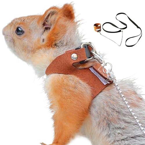 Rabbit Harness,Squirrel Harness and Leash Set Adjustable Imitation PU Squirrel Harness with Fastening Tape Multi-Purpose Brown Pet Harness for Rabbit, Rat, Ferret, Hamster von Lamppdcor