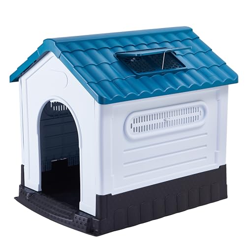 Lanco – Hundehütte für kleine Hunde mit verstellbarem Schiebedach. Innen- und Außenbereich mit Belüftung. Widerstandsfähiges Material. 83x67x76cm. Blau und weiß. von Lanco