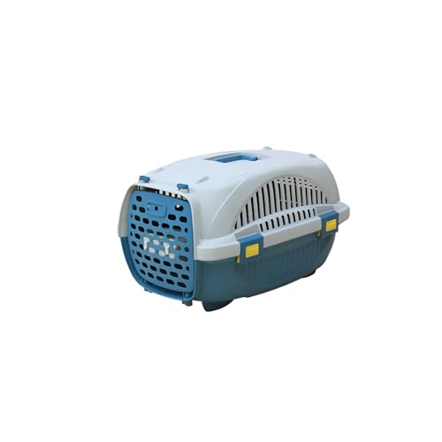 Lanco – Transportbox für kleine Hunde und Katzen. Tragbarer und atmungsaktiver Kunststoff. Haustiere Hunde Katzen. Widerstandsfähiges Material. 47x31x32cm. Weiße und blaue Farbe. von Lanco