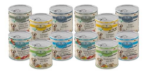 Landfleisch Classic Hundefutter 12 x 800g | Mixpaket mit garantiert 6 Sorten | Nassfutter für Hunde mit extra viel Fleisch und Gemüse von Landfleisch