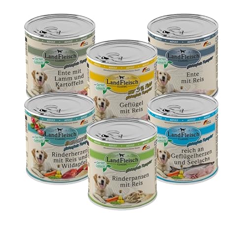 Landfleisch Classic Hundefutter 6 x 800g | Mixpaket mit garantiert 6 Sorten | Nassfutter für Hunde mit extra viel Fleisch und Gemüse von Landfleisch