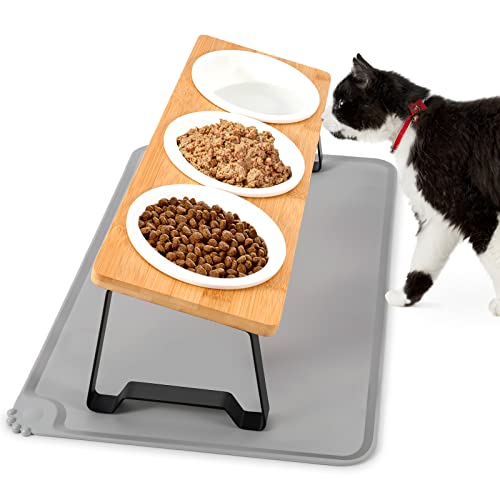 Lannvan Katzennapf Erhöht, 3er Set Futternapf Katze aus Keramik mit Napfunterlage Silikon, Ergonomischer Futterstation 15°gekippte Katzen Hundenapf,Fressnapf und Wassernapf für Katzen und kleine Hunde von Lannvan