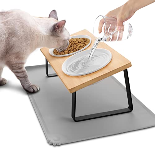 Lannvan Katzennapf Erhöht - Futternapf Katze aus Keramik mit Napfunterlage Silikon - 15° gekippte Ergonomischer Futterstation Katzen Hundenapf - 350ml Fressnapf und Wassernapf für kleine Hunde von Lannvan