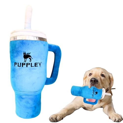 LapDog Puppley Cup Tumbler Plüsch Quietscher Hundespielzeug Tumbler mit Griff & Strohhalm Hundespielzeug Große Replik aus Edelstahl 1,2 l Tumbler, niedlich, lustig, knisternd, trendy, Parodie, von LapDog