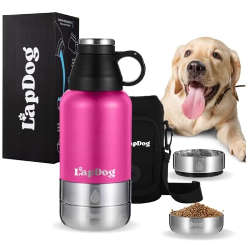 Lapdog Tragbare Hunde-Wasserflasche & Futternäpfe, All-in-One-Zubehör für Spaziergänge, Wandern, Strand, doppelwandig, isoliert, Edelstahl-Wasserspender (Rosa, mit schwarzer Neopren-Tasche) von LapDog