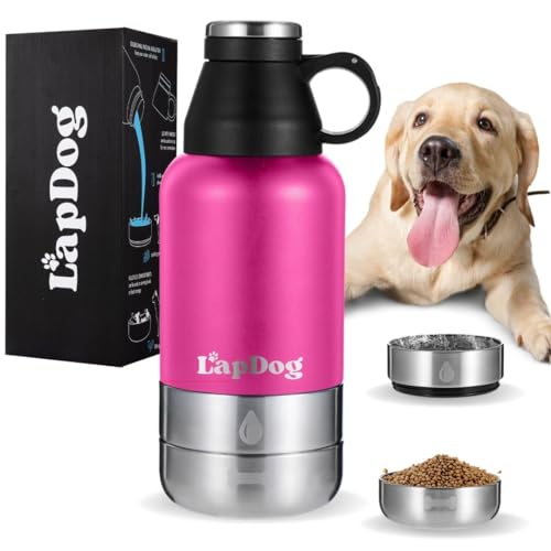 Lapdog Tragbare Hunde-Wasserflasche & Futternäpfe, All-in-One-Zubehör für Spaziergänge, Wandern, Strand, doppelwandig, isoliert, Edelstahl-Wasserspender (Rosa, ohne Neoprentasche) von LapDog