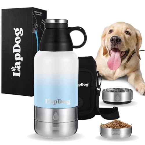 Lapdog Tragbare Hunde-Wasserflasche & Futternäpfe, All-in-One-Zubehör für Spaziergänge, Wandern, Strand, doppelwandig, isoliert, Edelstahl-Wasserspender (weiß/puderblau, mit schwarzer Neopren-Tasche) von LapDog