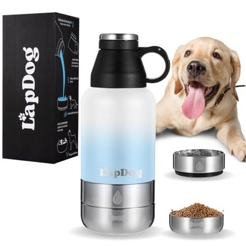 Lapdog Tragbare Hunde-Wasserflasche & Futternäpfe, All-in-One-Zubehör für Spaziergänge, Wandern, Strand, doppelwandig, isoliert, Edelstahl-Wasserspender (weiß/puderblau, ohne Neoprentasche) von LapDog